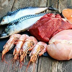 Fish, beef, chicken, shrimp and tuna.