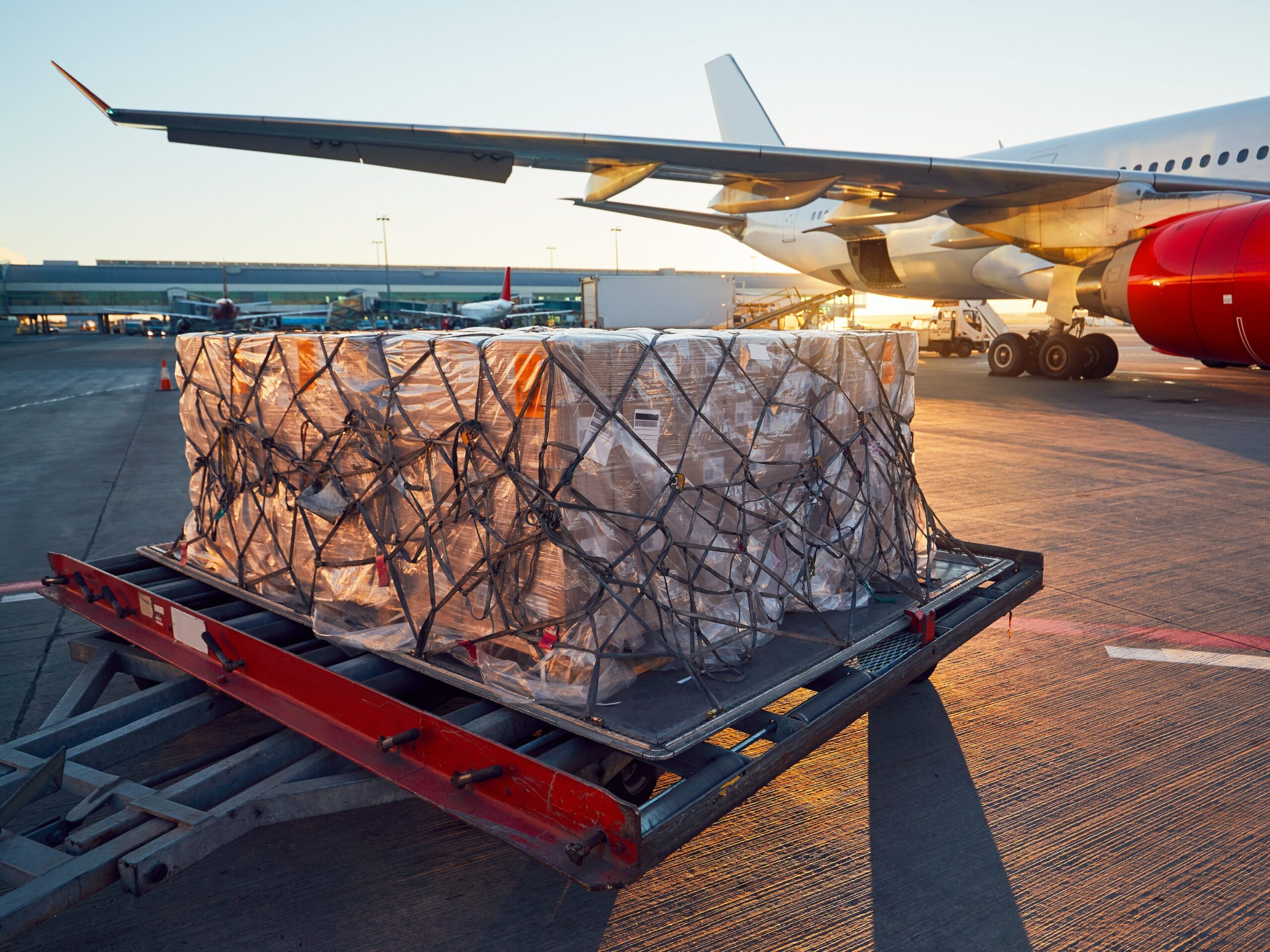 Air cargo pallets positioned beside aircraft awaiting air freight transport.